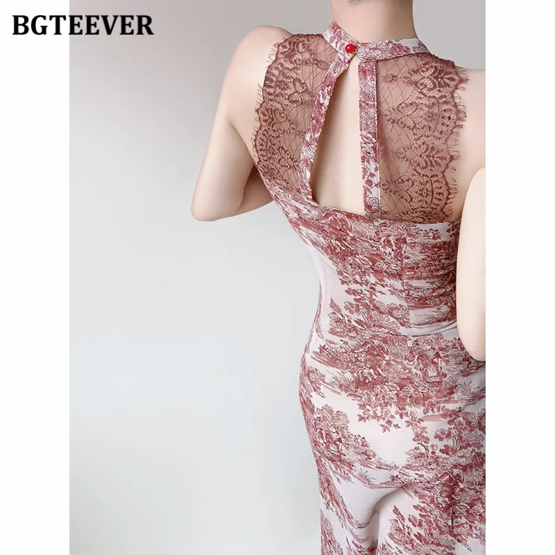 BGTEEVER-vestido Cheongsam elegante con estampado dividido para mujer, ceñido al cuerpo, cintura ajustada, sin mangas, cadera, Midi, Verano