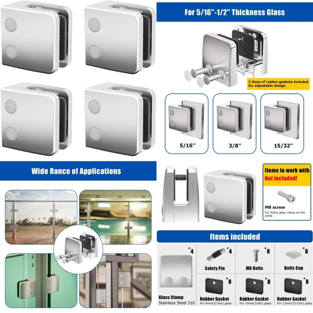 

Adjustable Stainless Steel Railing Glass Clamps for 5/16, 3/8, 1/2 Glass, Suitable for Stairways and Shelves with Brushed Finish