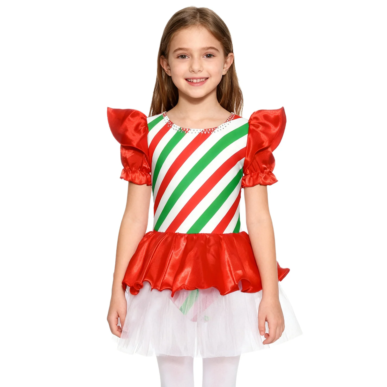 

Рождественский костюм Санта-Эльфа для девочек, тюлевое платье-пачка в полоску с яркой тростью, балетное танцевальное трико для карнавала, праздничной вечеринки