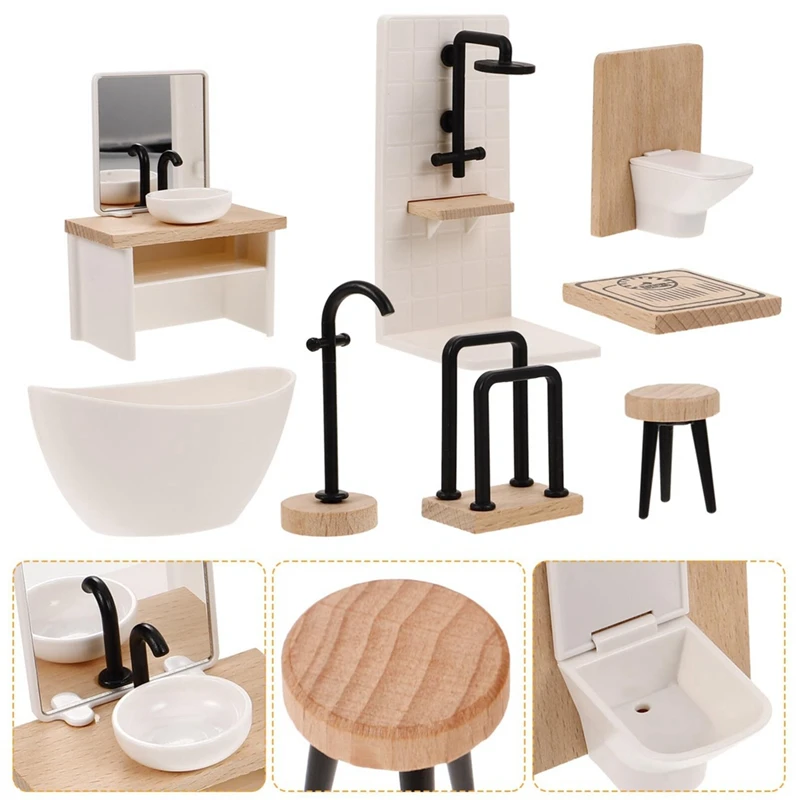 8Pcs Bathroom Toilet Bathtub Basin Wooden Bathroom Cabinet With Sink Miniature Furniture For Doll Durable Easy Install