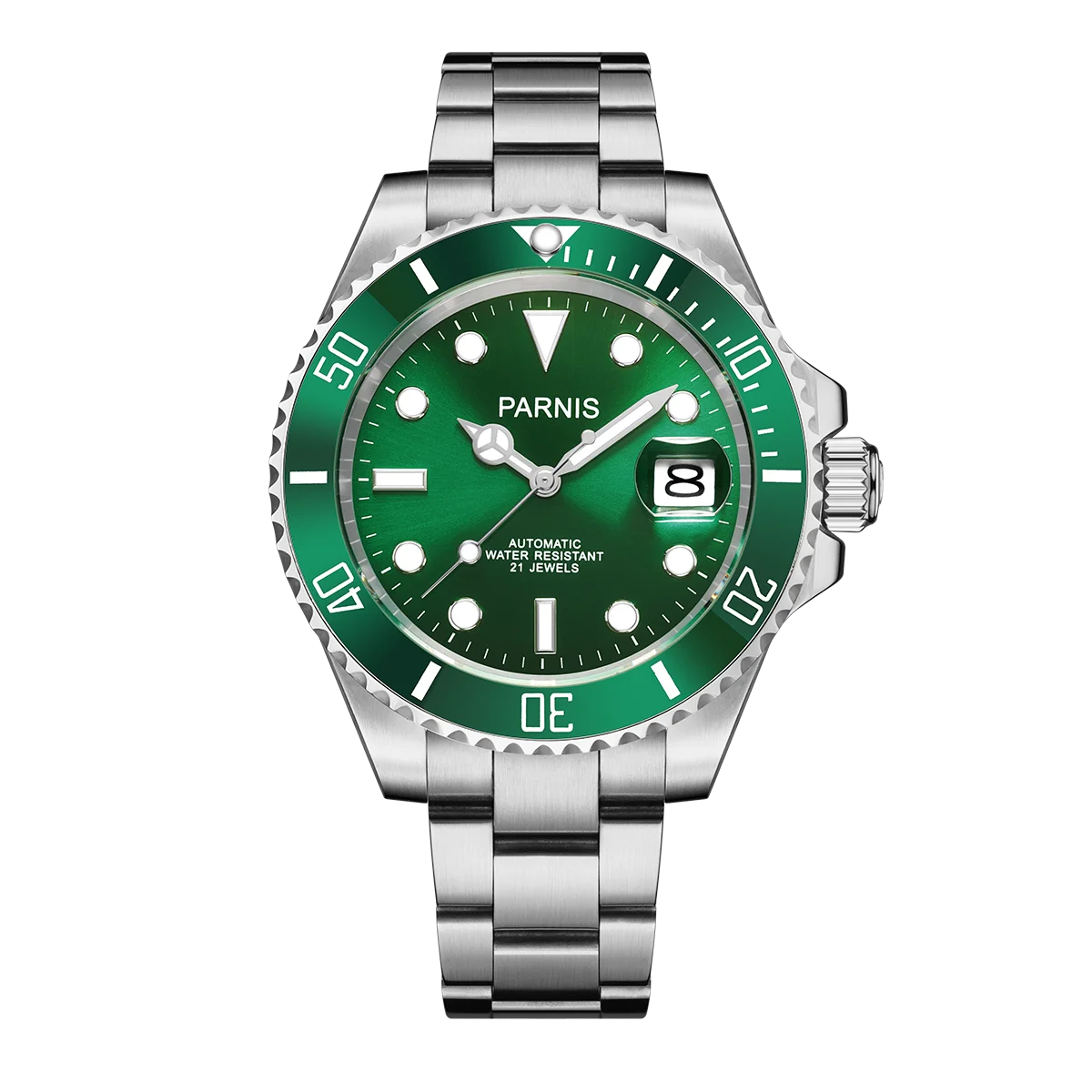 Top Luxury Brand Parnis 40mm Green Dial Automatic Mechanical Men Watch Calendar Sapphire Glass Waterproof Wristwatches Man Gift