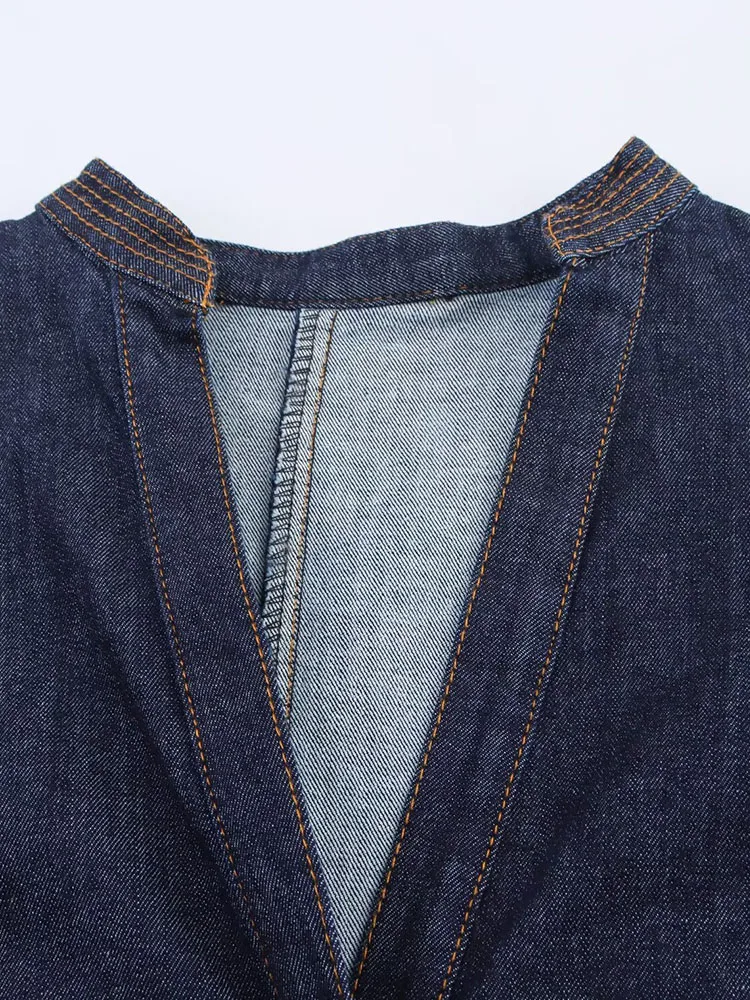 2025 frauen Herbst Denim Shirts Kleid Vintage Solide V-ausschnitt Langarm Dünne Weibliche Elegante Straße Plissee Kleider Kleidung