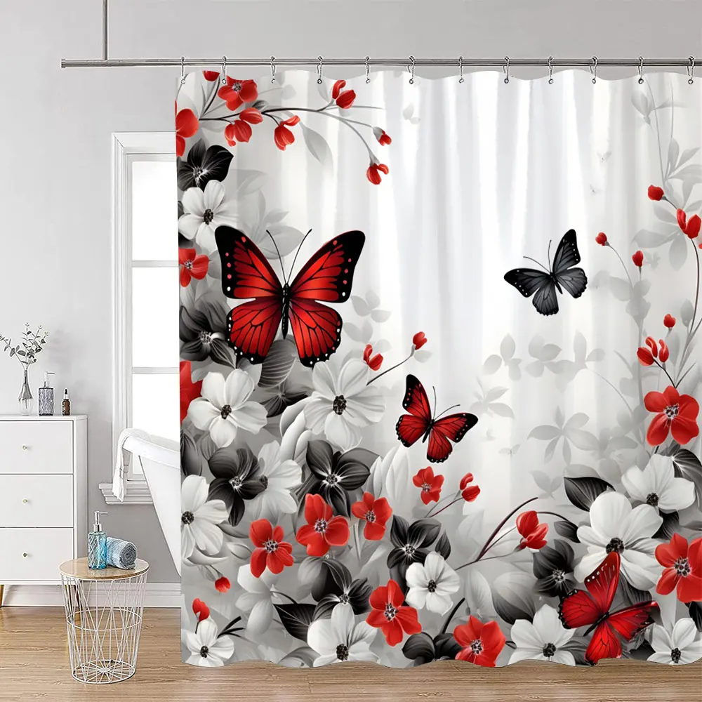 Floral Butterfly Shower Curtains Black and White Flowers Botanical Watercolour Art Modern Minimalist Bathroom Curtain Decor Sets