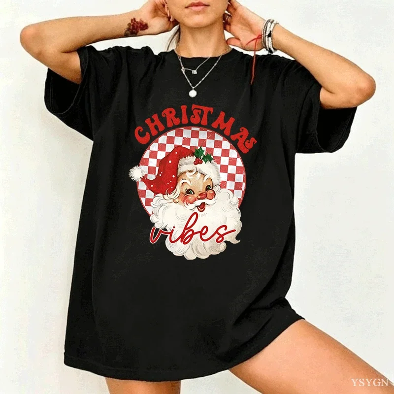 Red Santa Christmas Vibes Woman T Shirt Cute Funny Merry Christmas Pink High Quality Cotton Printed T-shirt Tee Shirt Camisetas