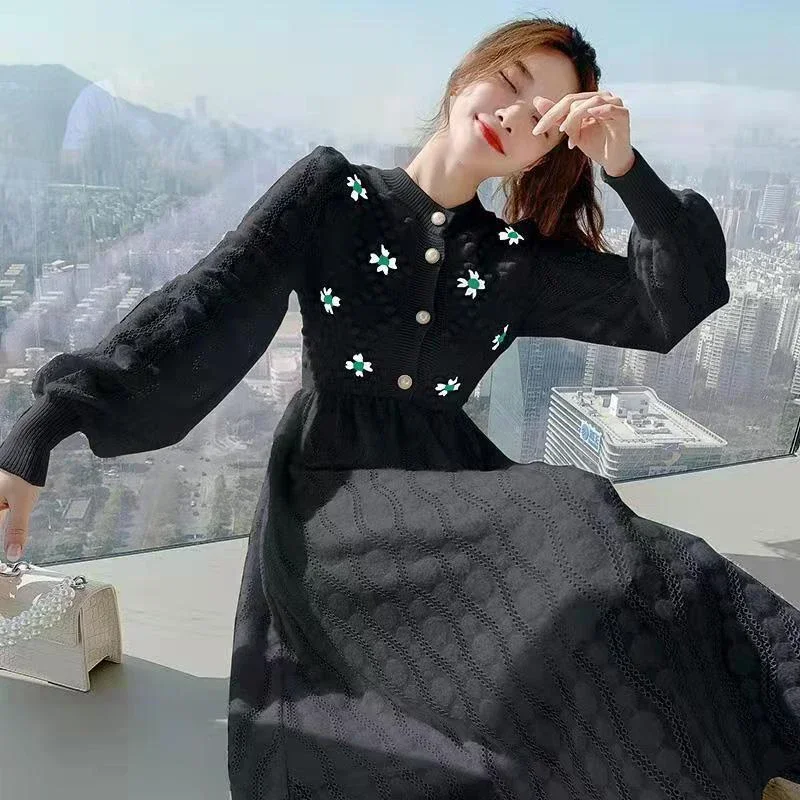 Korean Embroidery Long Dress Women Autumn Winter Long Sleeve Button Knitted Dresses Woman 2024 Temperament Sweater Dress F252