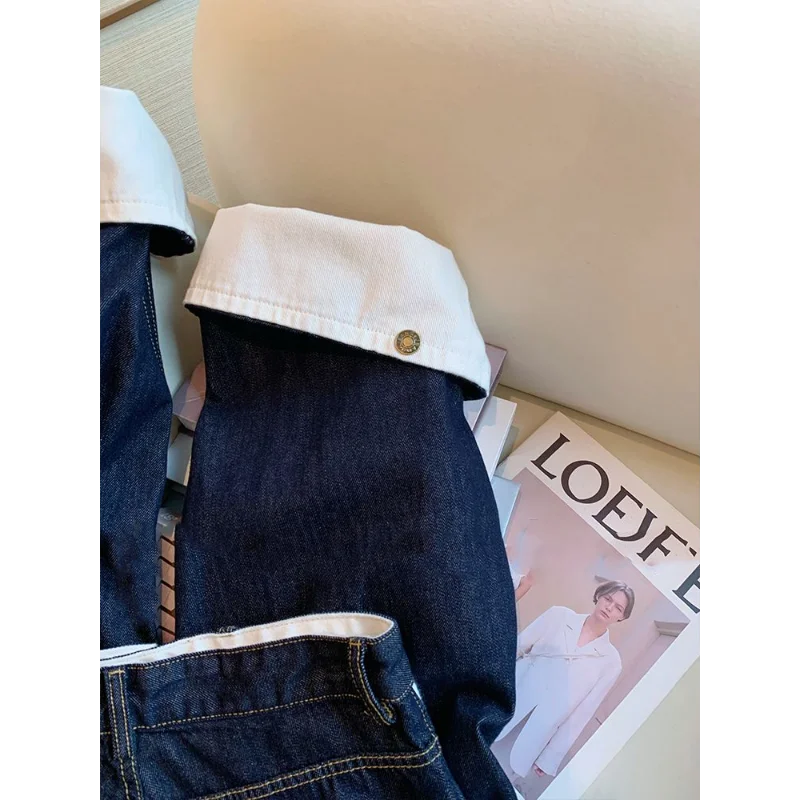 American Retro Contrasting Color Straight Jeans Women's Spring New Design Slim Straight Jeans
