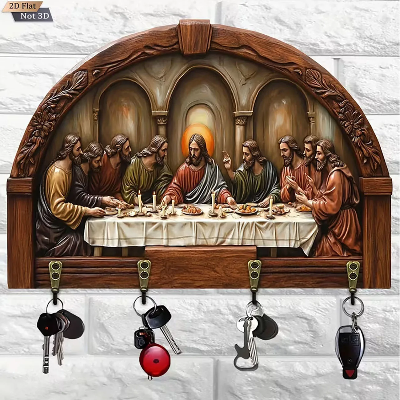 2D Flat Key Holder with The Last Supper Print, Four Hooks, Classic Christian Religious Wall Decor for Entryway