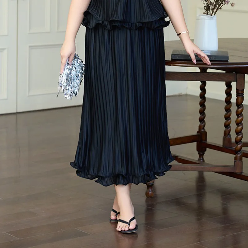 

Женские длинные юбки больших размеров премиум-класса во французском стиле, модные складные плавки трапециевидной формы с высокой талией длиной до икры, лето 2025 г.