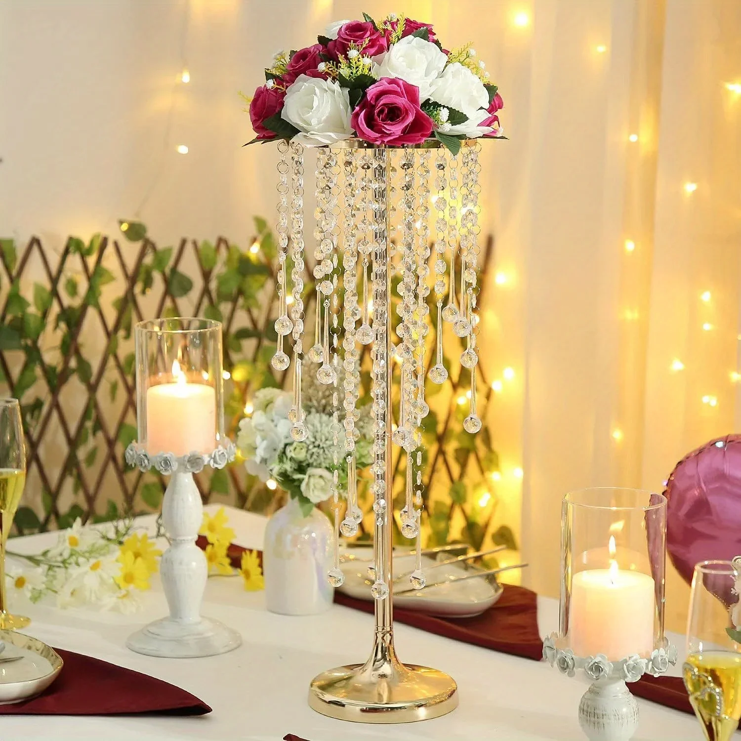 حامل تشكيلة زهور كريستالية، حامل شموع طريق من الرصاص الذهبي، لزينة حفلات الزفاف وأعياد الميلاد المنزلية #2