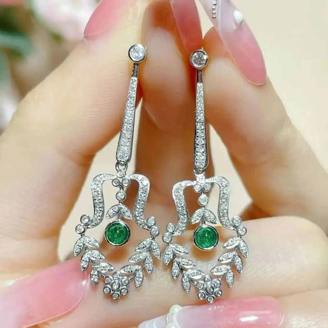 natural emerald and diamond drop earring long 18K white gold vintage genuine luxury jewelry fine women jewelry free shipping