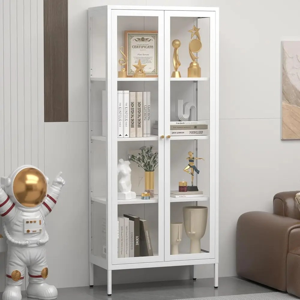 

Белый 4-ярусный металлический шкаф-витрина с дверцами из закаленного стекла для гостиной и растений, требуется сборка