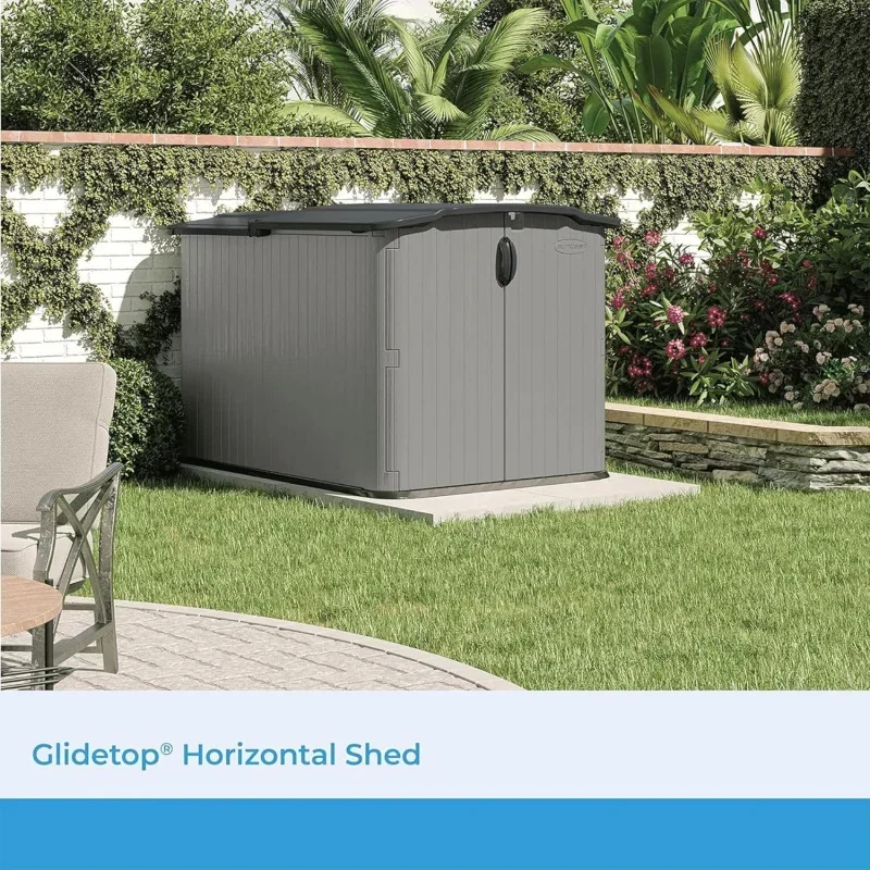 Outdoor Storage Shed with Pad-Lockable Sliding Lid and Doors, All-Weather Shed for Yard Storage,