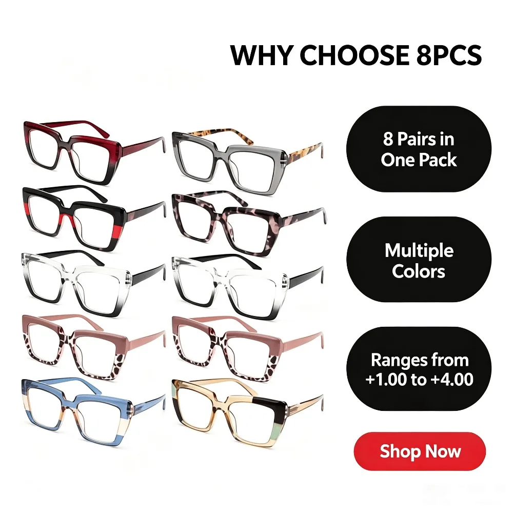 8 Pack Square Reading Glasses for Women, Fashion Multicolor Pattern Frame Readers, HD Clear Lens Lightweight Eyeglasses, Magnification +1.0~+4.0 Available