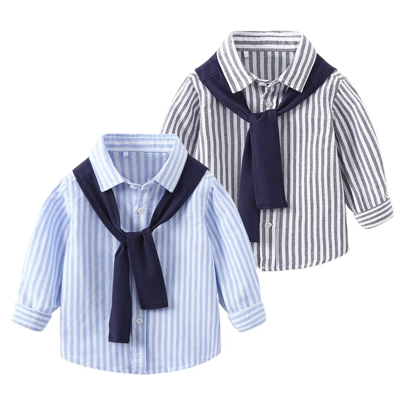 Spring Autumn Simple Casual Boys\' Long Sleeve Striped Shirt, Comfortable Cotton Kids with Shawl Top, 2 Colors, for Ages 3-8