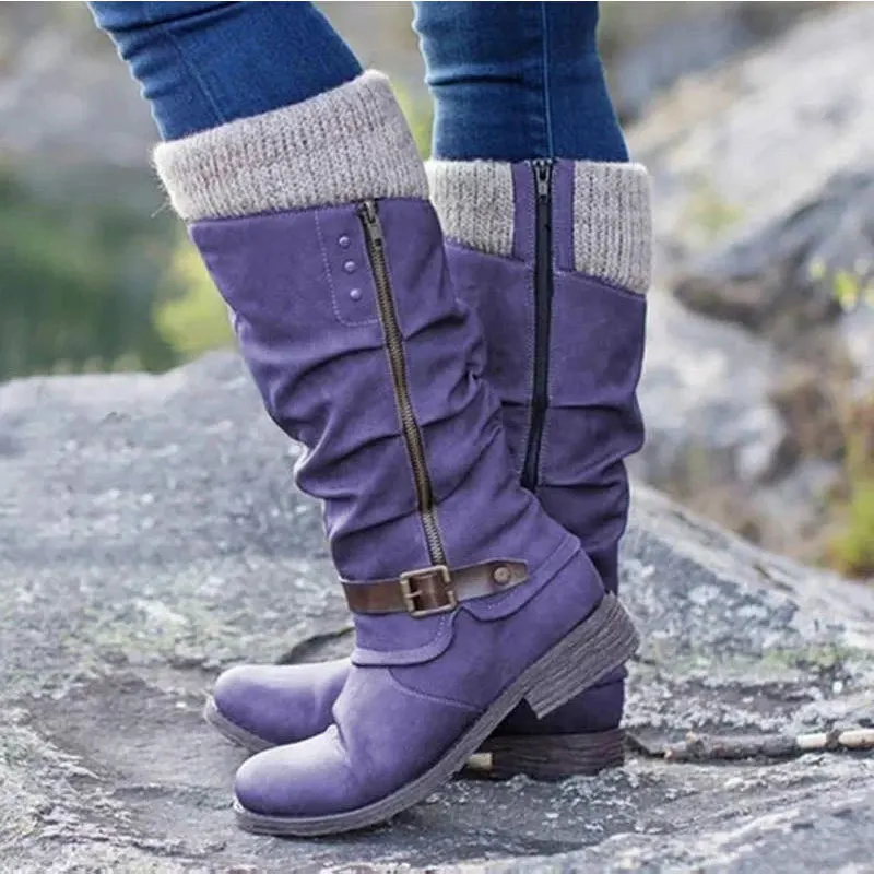 Winter Women Long Boots Round Toe Low Heel Mid-Calf Boots Knitted Patchwork Side Zipper Lace-Up Female Motorcycle Boots Botas