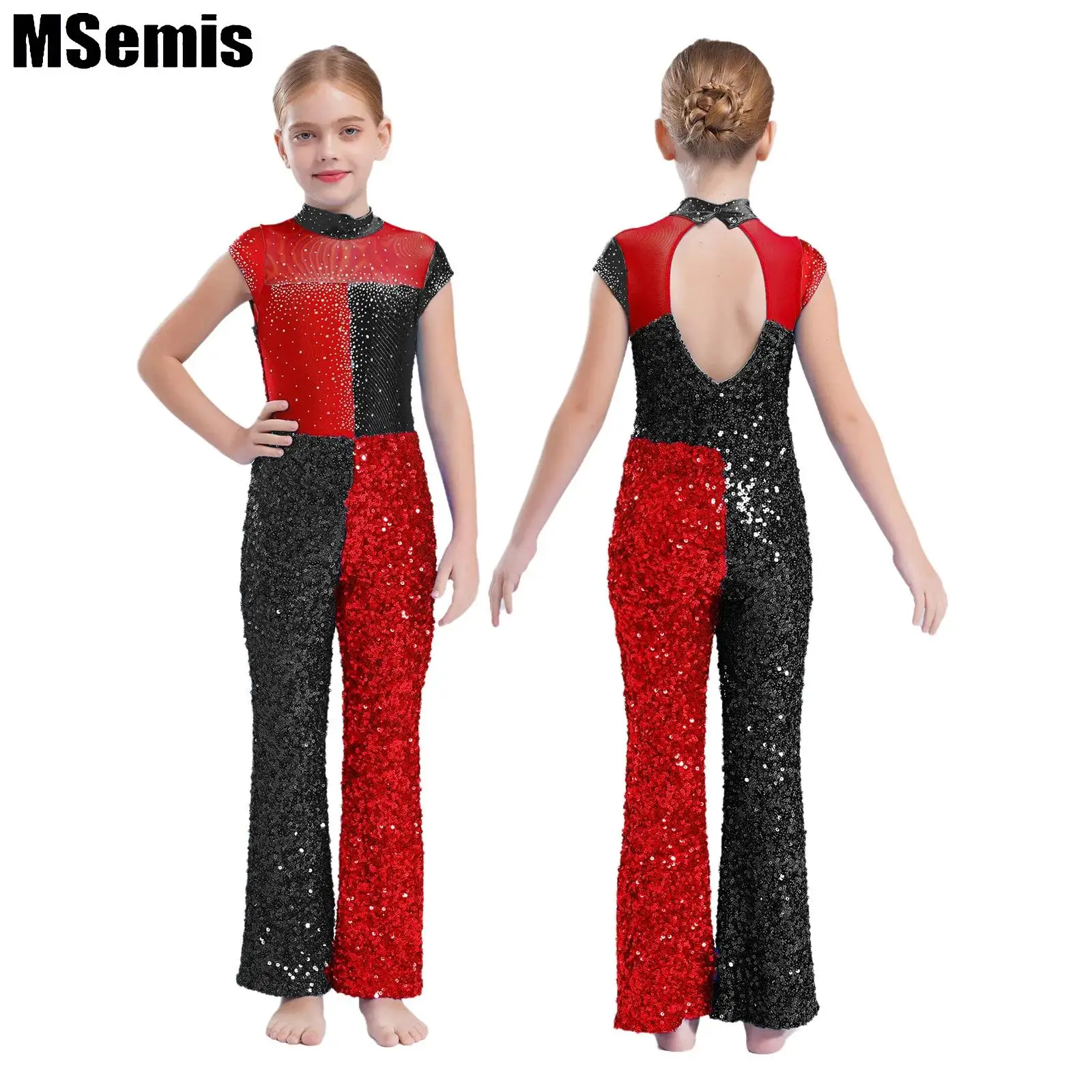 

Kids Girls Glittery Sequins Jumpsuit Jazz Dance Jumpsuit Mock Neck Sleeveless Keyhole Back Color Block Dancewear