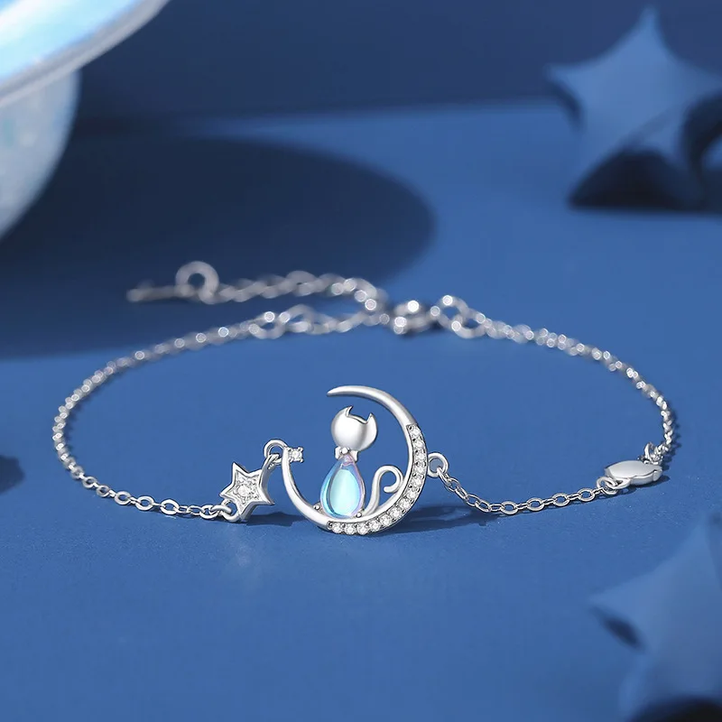 Women\'s European Sparkling S925 Sterling Silver Pave AAA CZ Cat Moon Jewelry Set - Necklace Earrings Bracelet for Birthday Gift