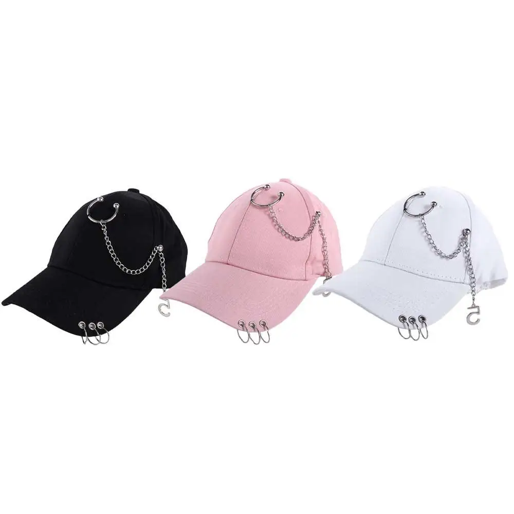 

Casual Korean Punk Girls Male Cotton Sports Chain Visors Cap With Ring Snapback Hats Baseball Cap