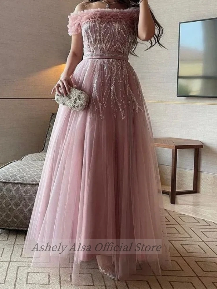 Customized Women Formal Evening Dresses 2025 Off Shoulder Sequined A Line Tulle Long Prom Party Cocktail Gown Homecoming Wear