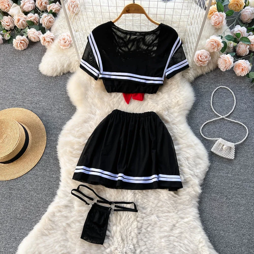 Women\'s Sexy Transparent Sailor Student Uniform Cosplay Costume with Sheer Bowknot Stripe Patchwork Top + Mini Skirt 2-Piece Set