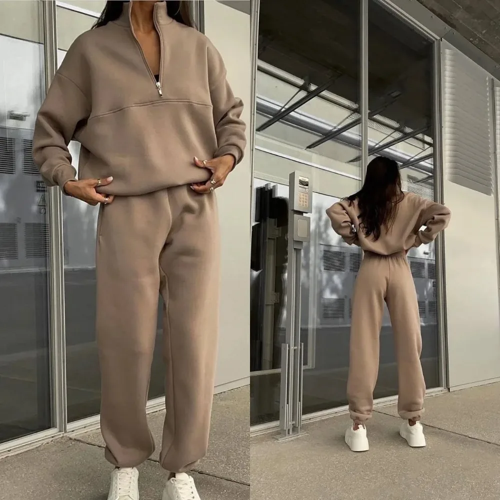 

Two Piece Sets Women Solid Stand Collar Zipper Full Sleeve Tops Straight Long Pants Set Splice Loose Casual Autumn Winter 2023