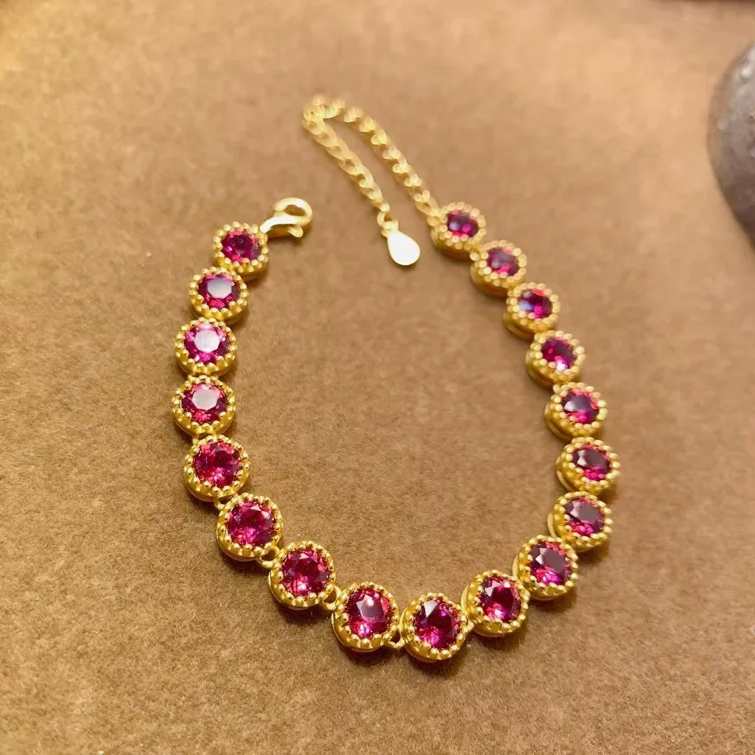 Hotsale Pure 925 Silver Garnet 5mm Natural Pyrope Garnet Silver Bracelet 18K Gold Plated Sterling Silver Jewelry for Women