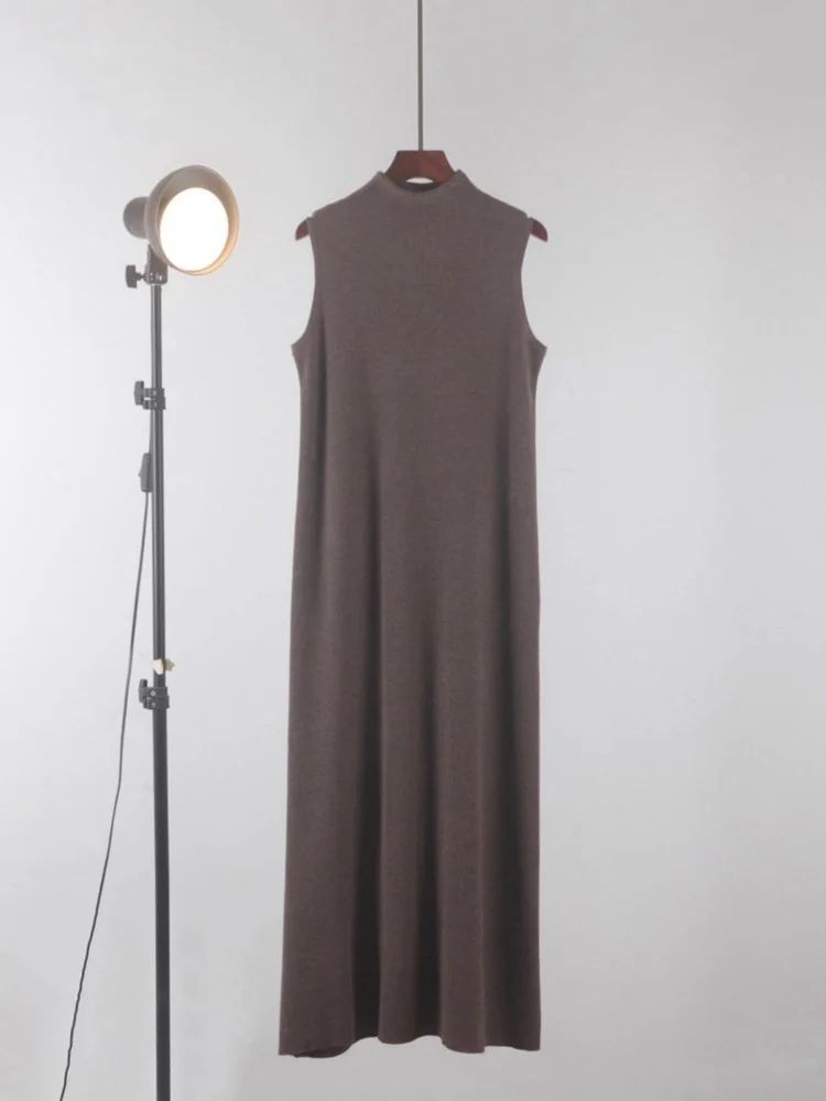 2025 봄/가을 슬림핏 하프 하이넥 니트 드레스 (여성용, 중간/긴소매 민소매 탱크탑 바텀 드레스 W494)