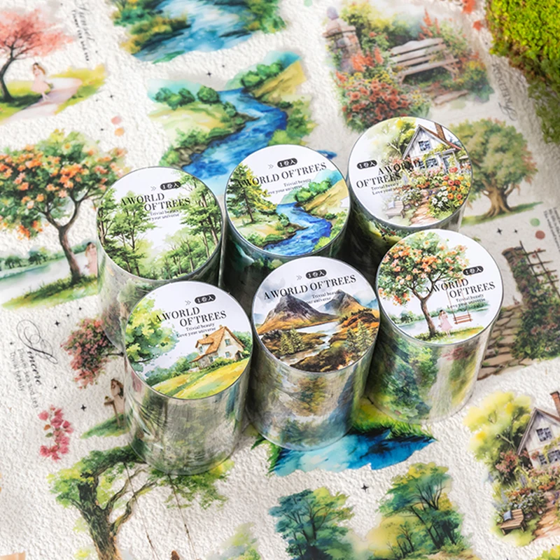 3rolls A Tree's Landscape Series Landscaping PET Tape Handbook Material Collage DIY Photo Frame Scrapbook Phone Case Postcard