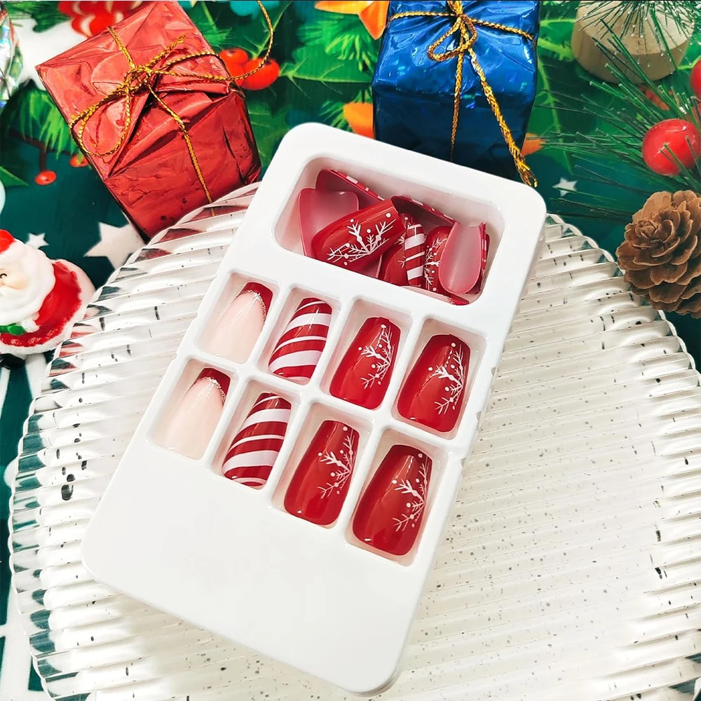 24pcs Red French Glitter Snowflake Fake Nails For Christmas 3D Red White Lines Design Press On Nails Short Coffin For Women Deco