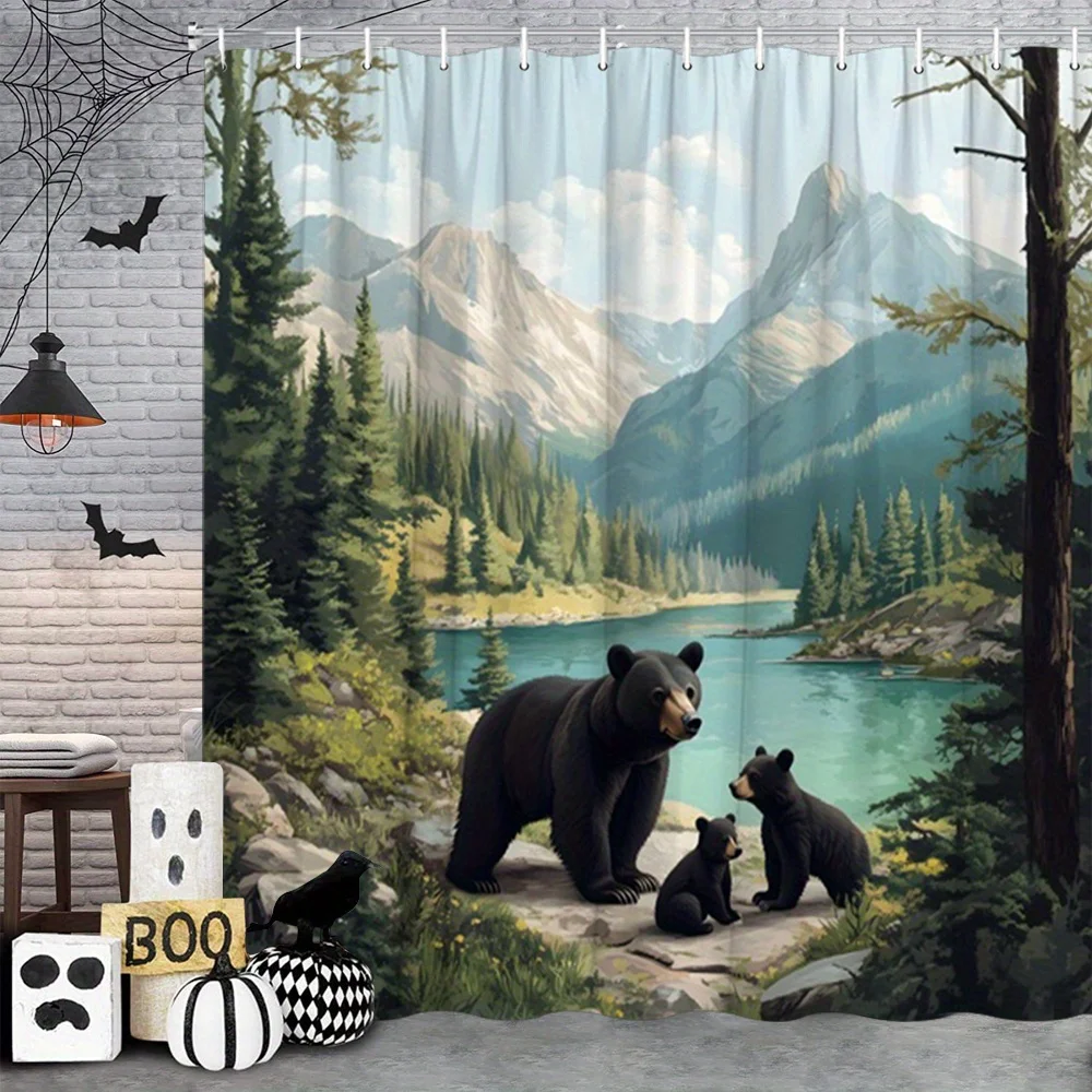 

Bear Family Mountain Landscape Shower Curtain – Realistic Wildlife Illustration, Polyester, Grommet Top,Nature Bathroom Decor