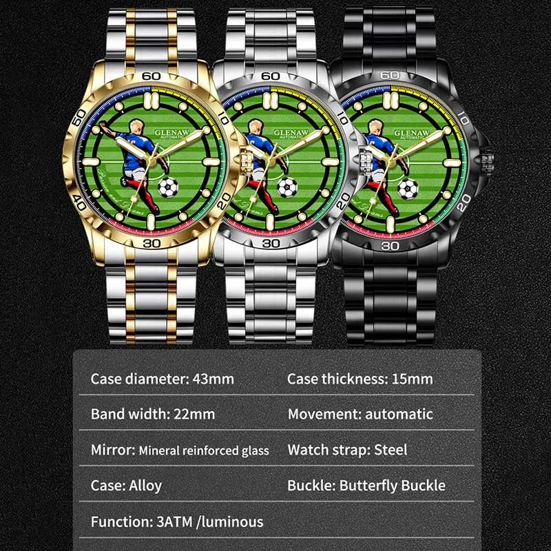 2025 New Men's Mechanical Watches World Cup Football Element Style Design Silver Classic Case Waterproof Luminous Watch for Men