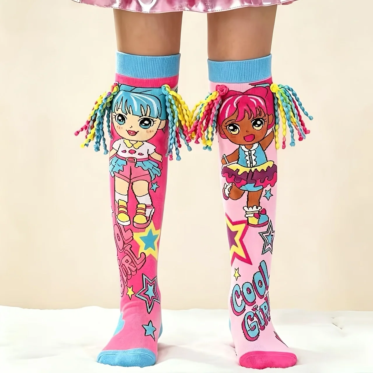 Meias longas até o joelho para meninas, design divertido em 3D, cores vibrantes, não térmicas, espessura regular, meias infantis
