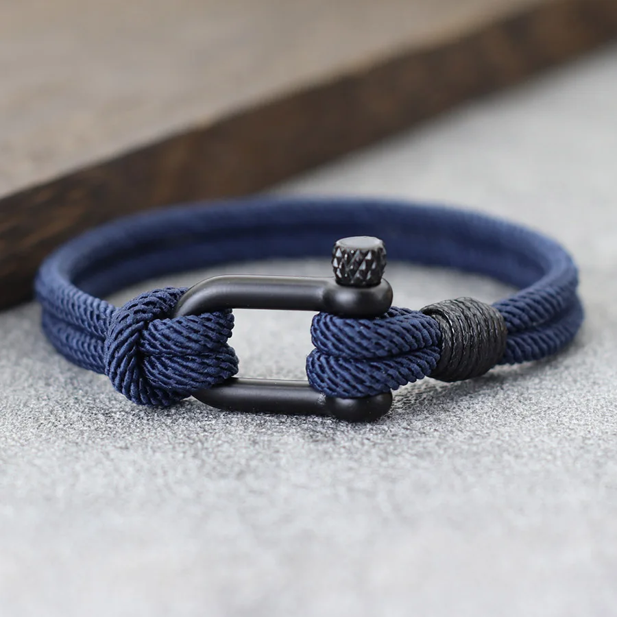 Handmade Men Cord Bracelet Stainless Steel U Shackle Clasp Nylon Rope Knot Wristband Outdoor Survival Jewelry Gift For Him Joias