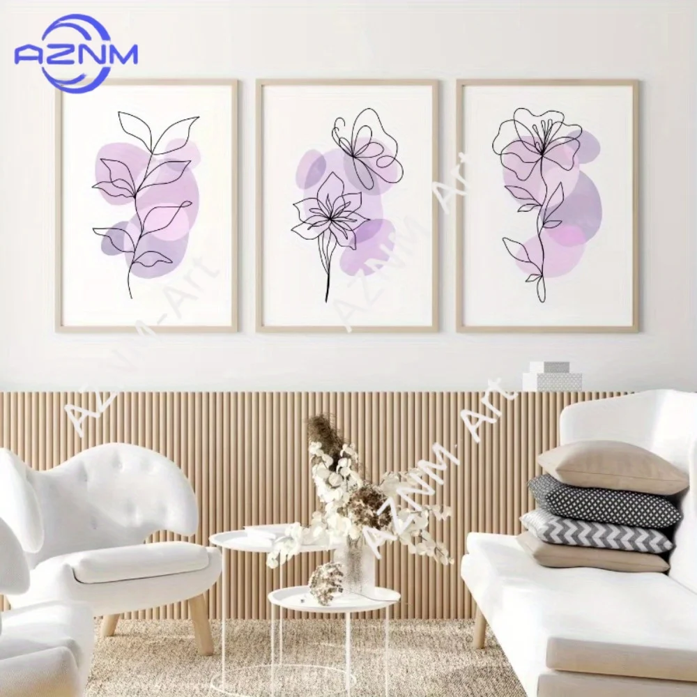 3-teiliges Minimalistisches Linienkunst-Set mit Blumen & Schmetterlingen, Lila Aquarell-Drucke für Wohnzimmer, Schlafzimmer und Heimdekoration