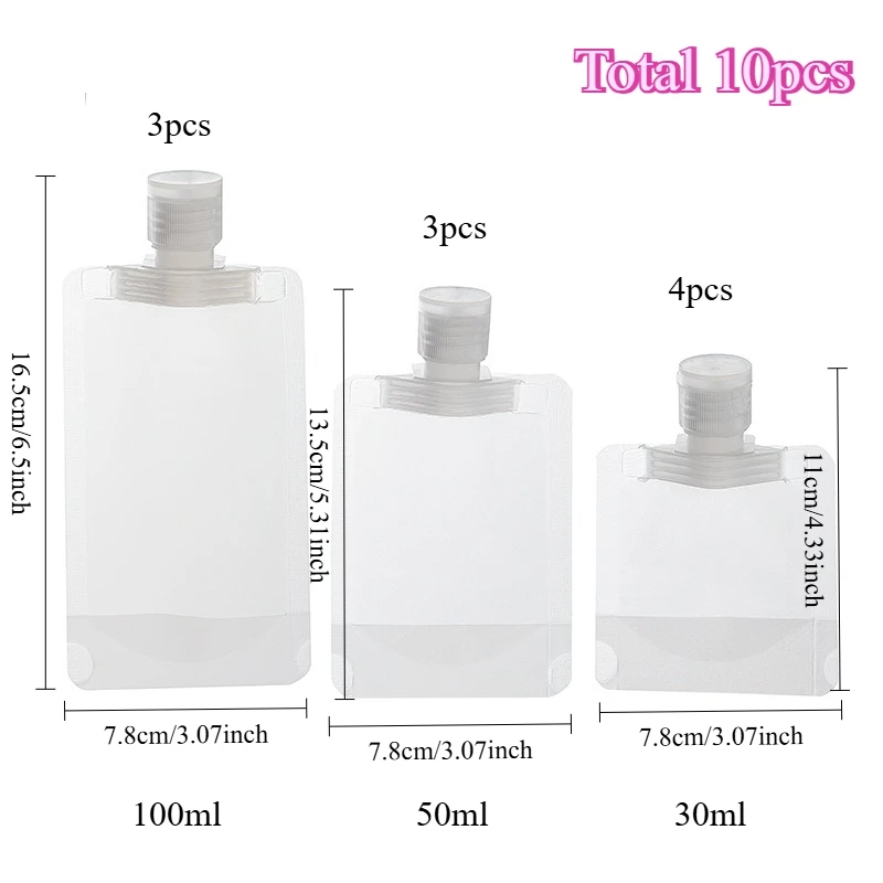 10 Stück Reiseflaschen, leere Quetschbeutel, nachfüllbare Lotion-Spenderbeutel, Shampoo, Toilettenartikel, flüssiger Kosmetikbehälter, Aufbewahrungsbeutel
