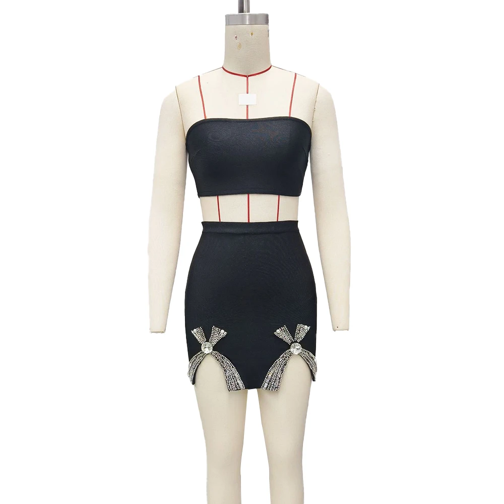 

Черная сексуальная юбка, топ без рукавов и бант со стразами, повседневная мини-юбка, комплект для клубной ночи, женская одежда