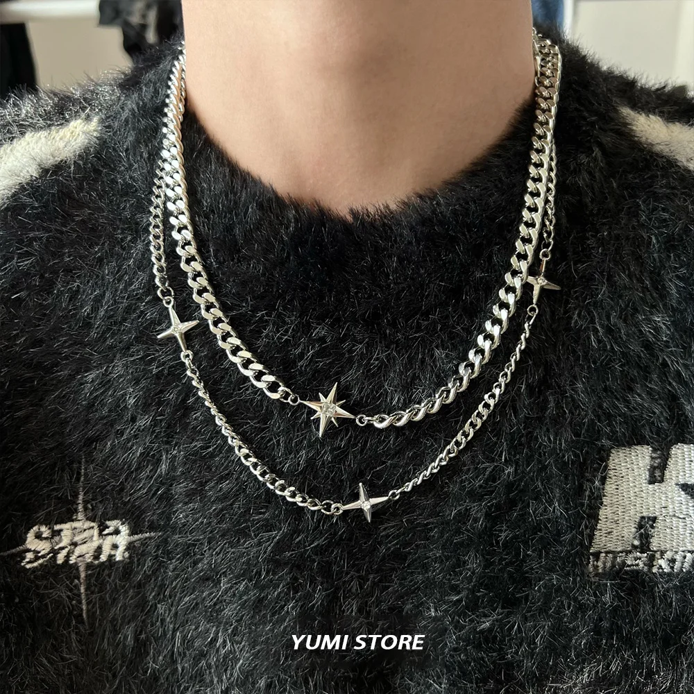 Hip Hop Double-layer Star Cross Necklace For Man Woman Titanium Steel  Clavicle Chain Choker Punk Male Accessories Wholesale