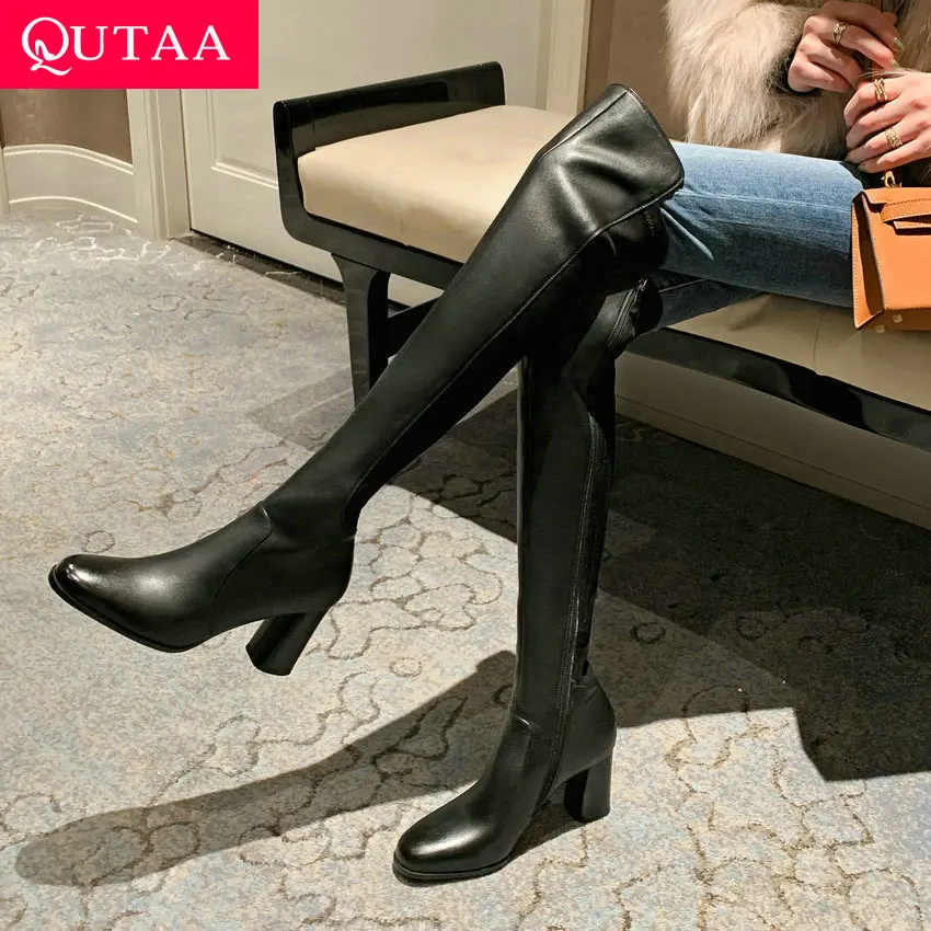 Qutaa 2024 über dem Knie hohe Stiefel für Frauen quadratische High Heel schlanke lange schwarze Stretch hohe Stiefel Damenschuhe Frau Größe 34-39