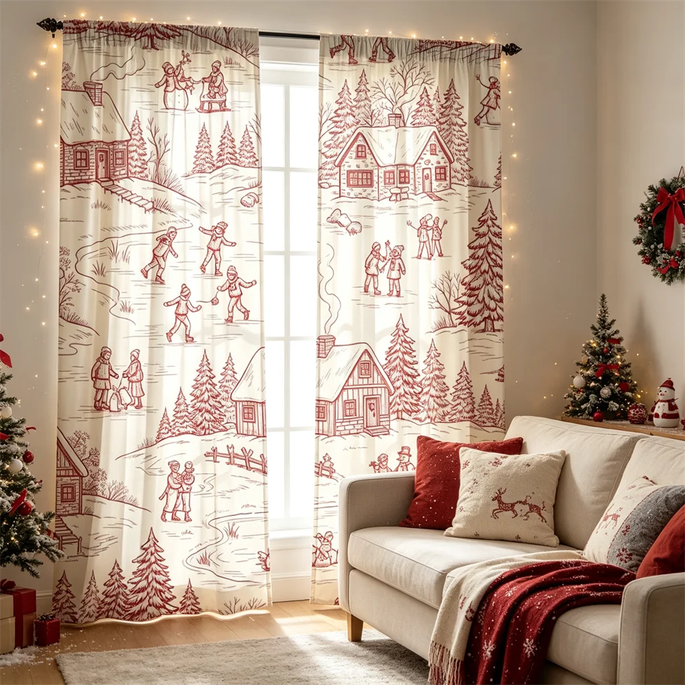 2PCS Christmas Curtains, Vintage winter town ice skating Print, Bedroom Window Drapes, Rod Pocket Polyester, Home Decor