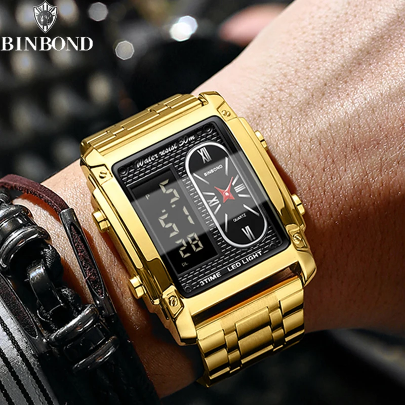 BINBOND Top Brand Luxury Watches for Men Fashion Quartz Wristwatch Square Gold Stainless Steel Business Clock Relogio Masculino