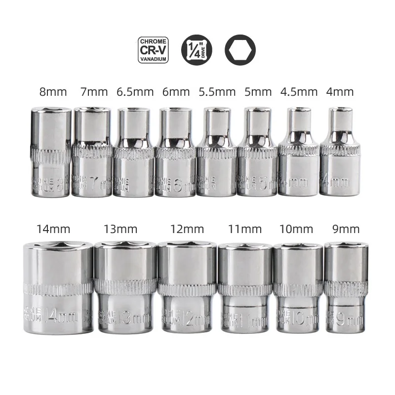 4-12mm 1/4 Drive Impact Hex Socket Short Drive Socket Set Wrench Metric Sizes CR-V for Electric Wrench Motor Truck Repair Tool