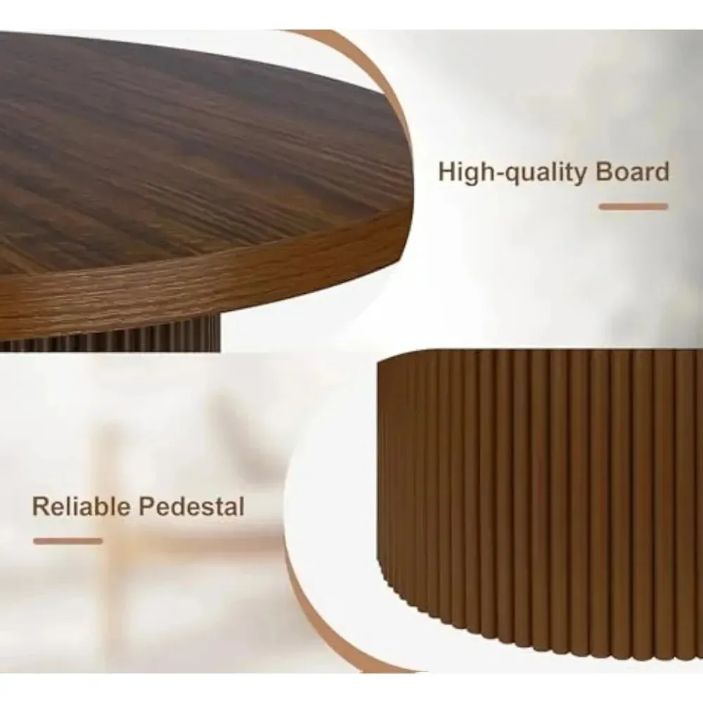 Round 31.5“ Unique Fluted Coffee Table,Small Brown Wood Tea Table,Mid Century Modern Boho Circle Rustic Center Table for Living