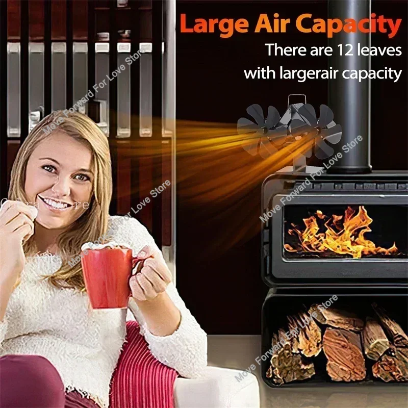 مروحة موقد تعمل بالطاقة الحرارية 12 شفرة مروحة موقد حرق الأخشاب لحرق السجل الصامت توفير الطاقة مزدوجة 6 شفرات مروحة مدفأة الحطب