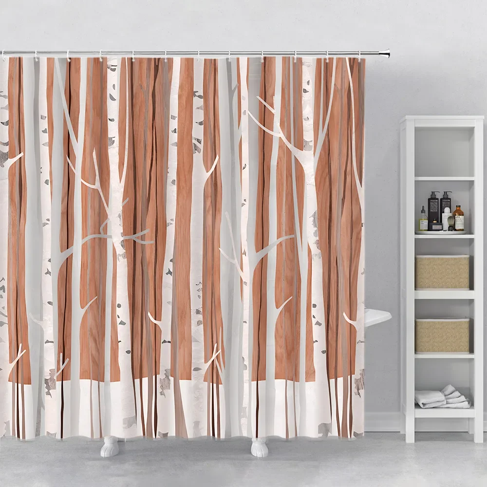 Brown Tree Fabric Shower Curtain, Art Abstract Birch Forest Wood Polyester Bath Curtain, Farmhouse Bathroom Curtains with Hooks