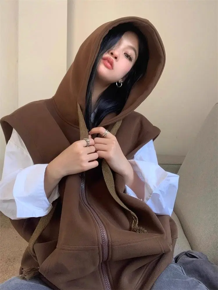 

2025 Spring Coffee Color Letter Printed Zipper Hoodie Hoodie Vest Medium Length Coat