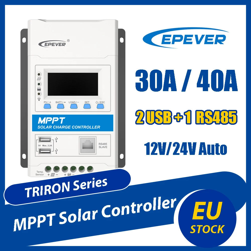 Regolatore di Carica Solare MPPT EPEVER 30A/40A 12V/24VDC Auto con Display LCD, Due Porte USB, RS485, Ingresso PV 100V 150V, Regolatore TRIRON