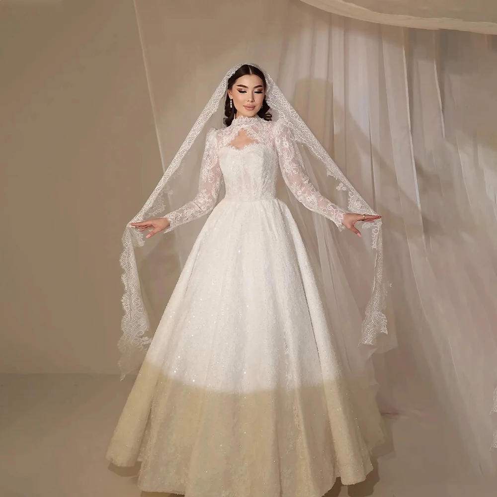 

Modest Lace Wedding Dresses with High Collar Long Sleeves A Line Princess Bride Dress Muslim Church Bridal Gown Customized