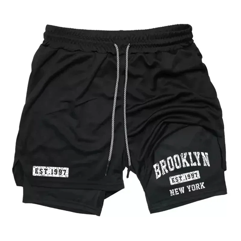 NEW Men Summer Layer Letter Breathable Mesh Shorts 2-in-1 Quick Dry Double Deck Gym Moisture-Wicking Running Towel Loop Shorts