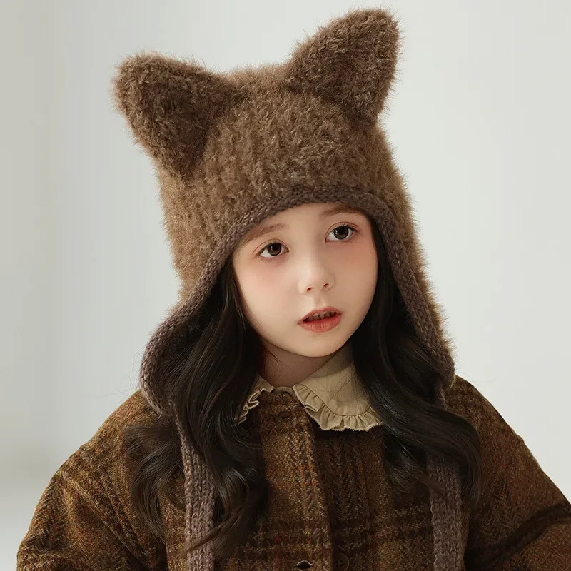 

Kids New Winter Knitted Hat Cartoon Cat Ears Plush Warm Beanie for Girls Boys