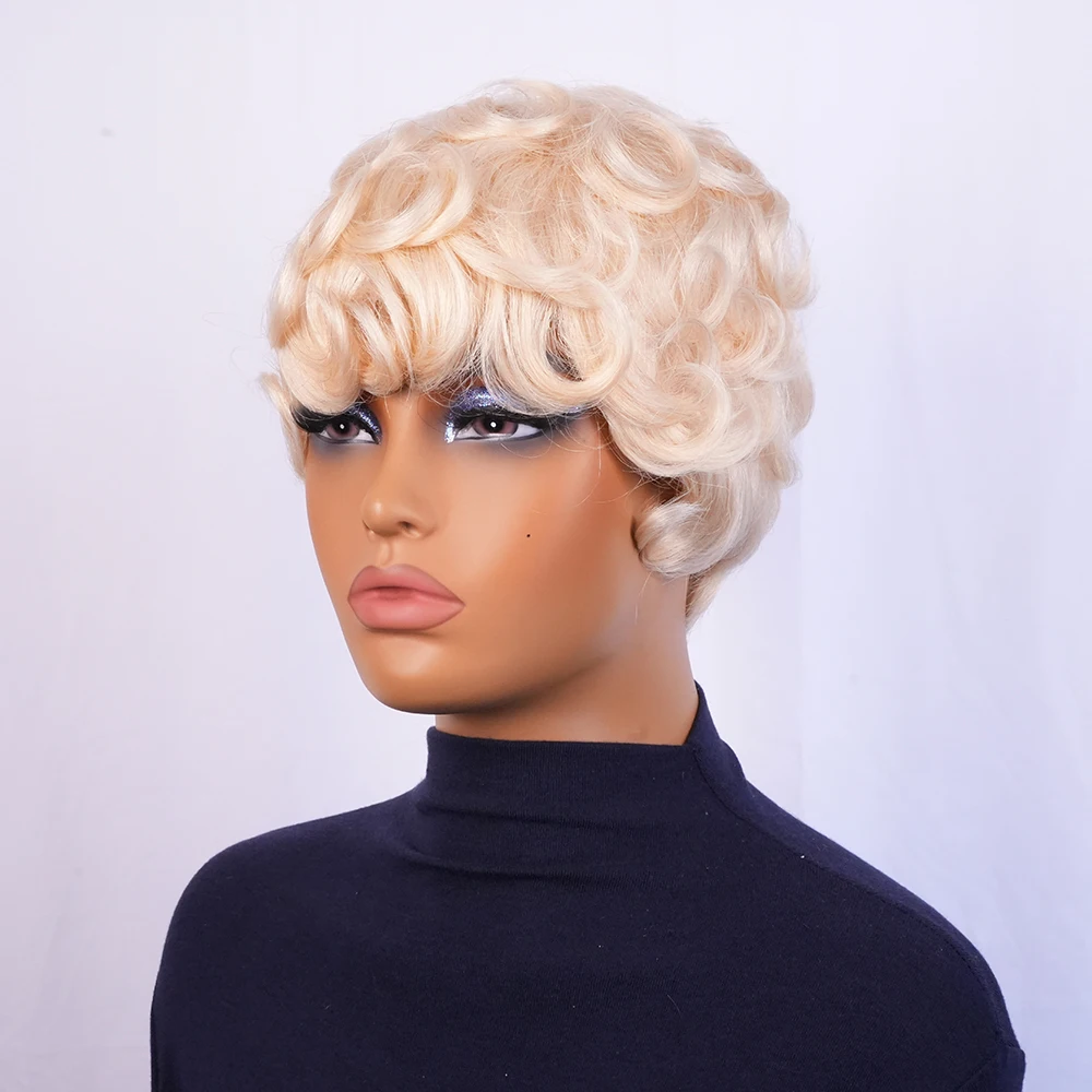 짧은 픽시컷 가발, 루즈 컬리 웨이브 레이어드 버진 브라질리언 레미 인모 가발, 앞머리 포함, 여성용 풀 머신 메이드 가발